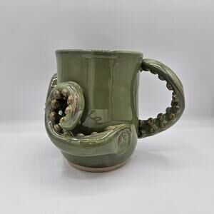 Octopus Coffee Mug Ceramic Handmade Green 3D 18oz Nautical Decorative
